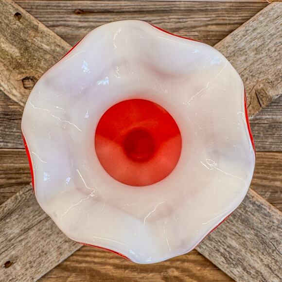 Vintage Ruby Red and White Blown Cased Art Glass Ruffled Vase, 7.5”H - Picture 5 of 6
